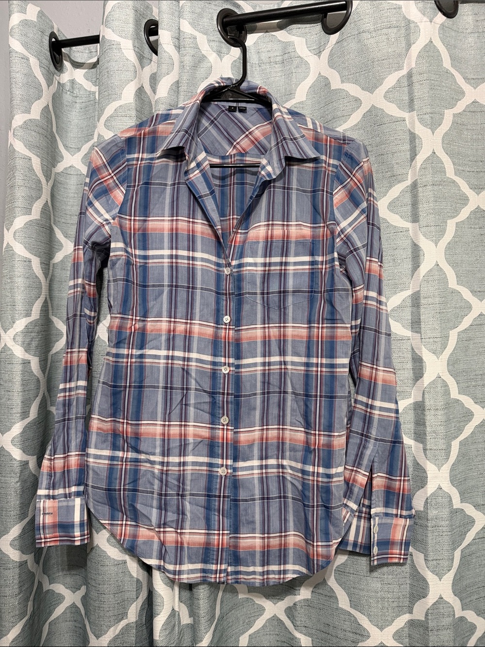 Theory Blue Plaid Button-Down Shirt with pink Accents